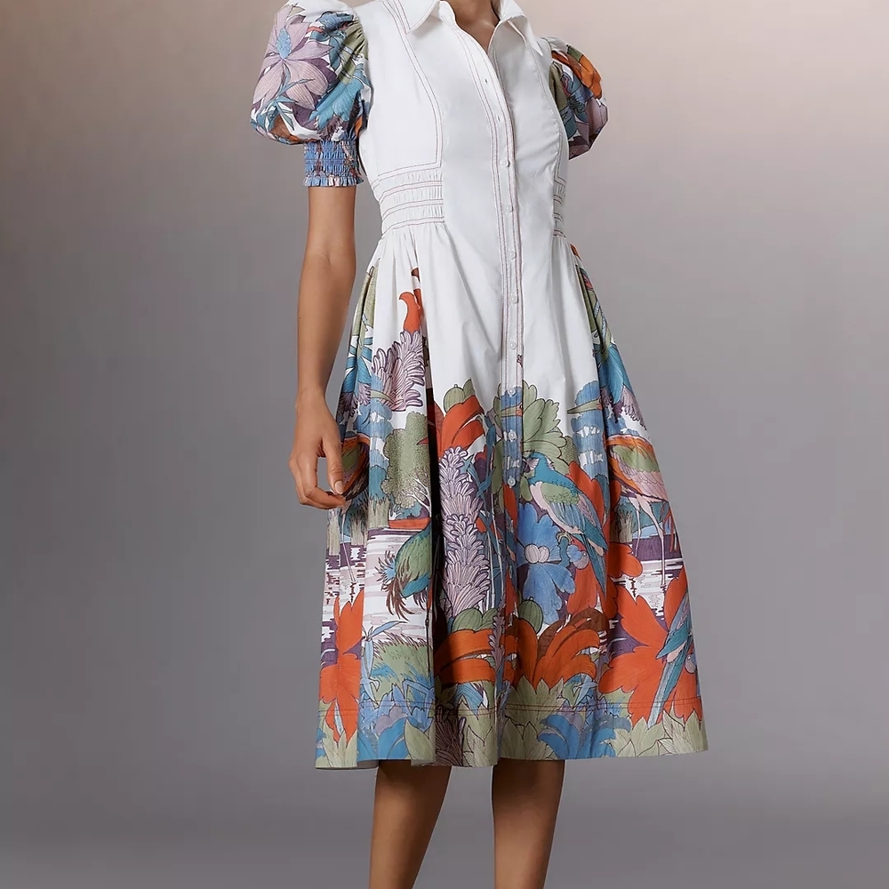 NWT MAEVE ANTHROPOLOGIE Multicolor Floral Puff Sleeve Smocked Shirt Dress